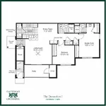 Gateway Crossing floor plan of The Devonshire I featuring 2 bedrooms, a master suite, living room, patio, and modern kitchen with dining area.