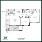 Elegant floor plan of The Devonshire II featuring 2 bedrooms, 1 cozy bath, spacious living room, dining area, and covered balcony at Gateway Crossing.