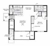 Inviting floor plan showcasing a cozy 1-bedroom apartment with a dining area, compact kitchen, and spacious patio.