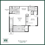 The Nottingham II floor plan with 1 bedroom, 1 bath, featuring an open living and dining area, modern kitchen, and spacious covered balcony.
