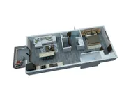 Modern 3D floor plan showcasing an elegant one-bedroom apartment with open-concept living area, sleek kitchen, spacious bathroom, and a cozy balcony for relaxation.
