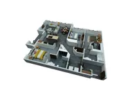 Modern 3D floor plan showcasing a spacious apartment with three stylish bedrooms, open living area, and elegant kitchen.