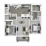 The Dogwood is a two-bedroom, two-bathroom floor plan featuring an open-concept layout, full-size washer and dryer, walk-in closets, and a private patio or balcony.