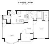 The Buttercup: 693 sq. ft. with a sunny bay window, open patio or deck, and a tucked-away L-shaped laundry space.