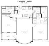 The Fantasia: 921 sq. ft. with 2 beds, 2 baths, a split layout for privacy, a screened patio, and bright living space with a balcony window.