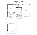 The Celebrity: 763 sq. ft. with an attached garage, bay window, angled kitchen island, and open patio or balcony for flexible indoor-outdoor living.