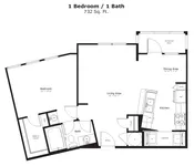 The Chester: 732 sq. ft. with a screened deck or balcony, pantry in the kitchen, and a compact washer/dryer area for easy living.