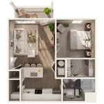 Chic 1-bedroom apartment floor plan featuring an open-concept living area, modern kitchen, and private balcony with seating.