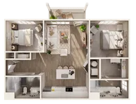 Elegant floor plan showcasing a modern 2-bedroom apartment with open-concept living and dining area, stylish kitchen, spacious balcony, and serene bathrooms.