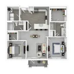 The Maple is a two-bedroom, two-bathroom floor plan featuring 1,108 sq. ft. of livable space, a full-size washer and dryer, and private bedrooms located on opposite sides of the apartment for maximum privacy.