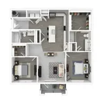 The Sycamore is your ideal 2-bed, 2-bath home base. At 1,112 square feet, it features a smart split-bedroom design, a full-size washer and dryer, and walk-in closets for extra space.