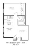 Modern 1-bedroom, 1-bath floor plan with a spacious living room and cozy dining area, totaling 568 sq ft.