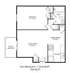 Chic floor plan of a 704 sq ft apartment featuring 2 spacious bedrooms, a bright living room, modern kitchen, and a private patio.