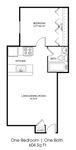Contemporary 604 sq ft floor plan with one bedroom, spacious living/dining area, cozy kitchen, and a full bathroom.