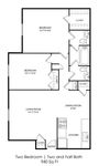 Charming 2-bedroom, 2.5-bath floor plan featuring a spacious living room, intimate dining area, and a modern kitchen in a 940 sq ft layout.