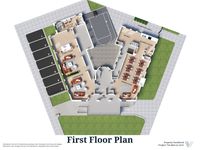 Inviting first floor plan showcasing two living areas, a shared kitchen, and a dining room, complemented by outdoor access and dedicated parking spaces for modern living.