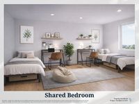 Bright and modern shared bedroom with two cozy beds, stylish desks, and abundant natural light.