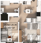 Chic floor plan of Unit 20, 30 showcasing an efficient 457 sq ft layout with a cozy bedroom, stylish bathroom, and a modern open-concept kitchen and living area.