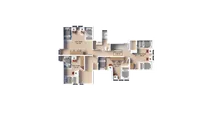 Modern 3D floor plan showcasing a third-floor layout featuring four spacious units with twin XL beds, a central hallway, and bathroom facilities. Perfect for comfortable living.