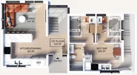 Modern split-level floor plan featuring a cozy living area, functional kitchen/dining space, and a two-bedroom layout with twin XL beds. Ideal for maximizing comfort and style.