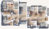 Second level foor plan showcasing 4 bedrooms, elegant wooden flooring, and two bathrooms in a spacious 725 sq ft layout.