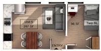 Floorplan showcasing an open-concept living area and kitchen, cozy bedroom with Twin XL bed, totaling 287 square feet.
