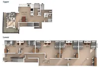 Modern multi-level floor plan showcasing upper unit with kitchen, dining area, and living room, plus lower level featuring multiple bedrooms with Twin XL beds.