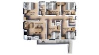 Spacious floor plan featuring 5 bedrooms, open living room, modern kitchen, and 2 bathrooms.