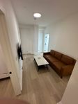 Cozy living area featuring a modern brown sofa, sleek coffee table, and wall-mounted TV, perfect for relaxation and entertainment.