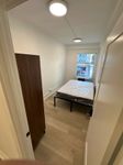 Bright and cozy bedroom with modern lighting, featuring a comfortable bed and a large window with city views.