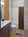 Elegant bathroom featuring a modern white bathtub, sleek vanity with a large mirror, and warm brown accents.