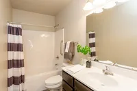 Elegant bathroom featuring a sleek vanity, modern lighting, and a chic striped shower curtain, offering a fresh, inviting ambiance.