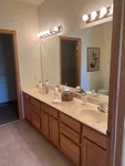 Elegant bathroom with a double vanity, large mirror, and warm wooden cabinetry, offering ample storage and a luxurious ambiance.