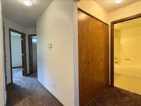 Inviting hallway featuring plush carpeting, wooden closet doors, and a glimpse of a modern bathroom, ideal for comfortable living.