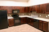 Modern kitchen with elegant dark wood cabinets, sleek appliances, and stylish tile backsplash.