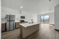 Bright and modern open-plan kitchen with stainless steel appliances, spacious island, and adjacent living area with sliding door access to balcony offering scenic views.