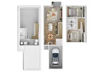 Elegant 3D floor plan showcasing a modern townhouse with 2 bedrooms, stylish open-plan living area, a functional kitchen, and a spacious garage.