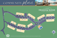 Explore our stylish townhomes, featuring a modern exterior that seamlessly blends contemporary design with timeless appeal. Aerial 2D map of Meadow Ridge Luxury Apartments showing 11 buildings, roads, and clubhouse with pool.