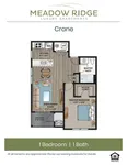Crane floor plan at Meadow Ridge Luxury Apartments featuring 1 bedroom, 1 bath, open kitchen, and spacious living room with balcony.
