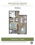 Detailed 2D floor plan of the Wakley apartment featuring 1 bedroom, 1 bath, a kitchen, and a spacious living/dining area.