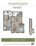 Detailed floor plan of a Meadow Ridge Ramapo apartment featuring 1 bedroom, 1 bath, a great room, a kitchen, and a balcony.