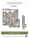 Meadow Ridge Taconic floor plan with 1 bedroom, 1 bathroom, kitchen, great room, and balcony.