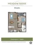 Meadow Ridge Brooks floor plan featuring 1 bedroom, 1 bath, open living and dining area, kitchen, balcony, and walk-in closet.
