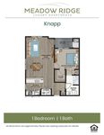 Modern floor plan for Meadow Ridge Apartments, featuring 1 bedroom, 1 bath, and an inviting living area.