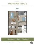 Elm layout showcasing 1 bedroom, open living area, kitchen, den, and balcony at Meadow Ridge Luxury Apartments.