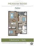 Contemporary floor plan of Parker, featuring 2 bedrooms, 1 bath, and an open living/dining area with kitchen.
