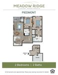 Piedmont floor plan of Meadow Ridge Apartments showcasing 2 bedrooms, 2 baths, great room, and modern kitchen with attached garage.