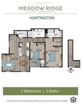 Huntington apartment floor plan with 2 bedrooms, 2 baths, a great room, kitchen, and balcony.
