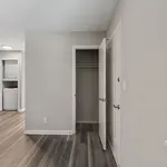 Explore this serene apartment corner featuring a spacious closet and sleek laundry area.