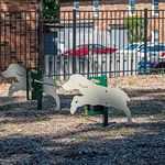 Enjoyment for pets in a secure outdoor space with imaginative dog-themed structures.